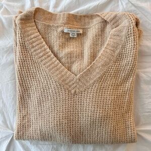 American Eagle Tan V-Neck Waffle Sweater Size S
